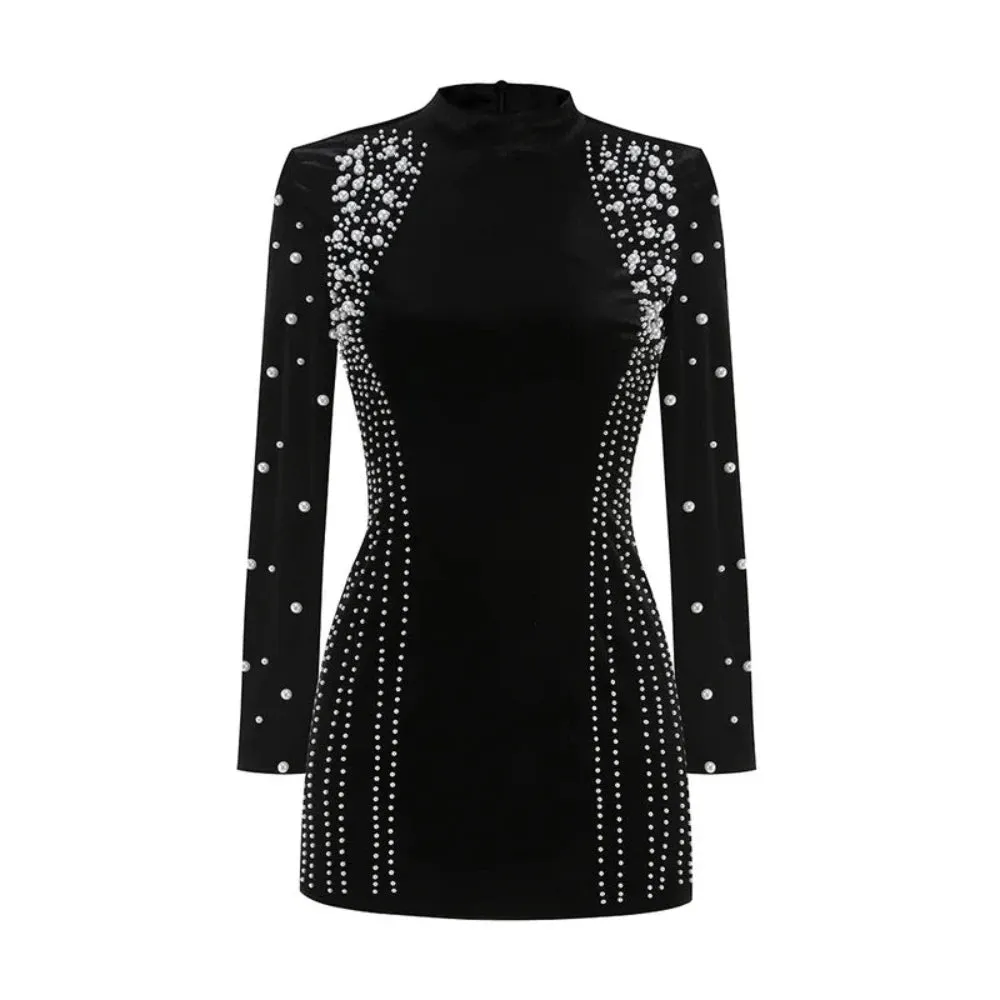 Trend4us Women's Beaded Pearl Velvet Mini Dress