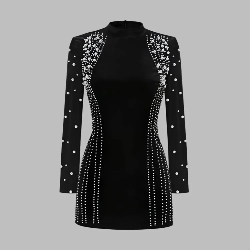 Trend4us Women's Beaded Pearl Velvet Mini Dress