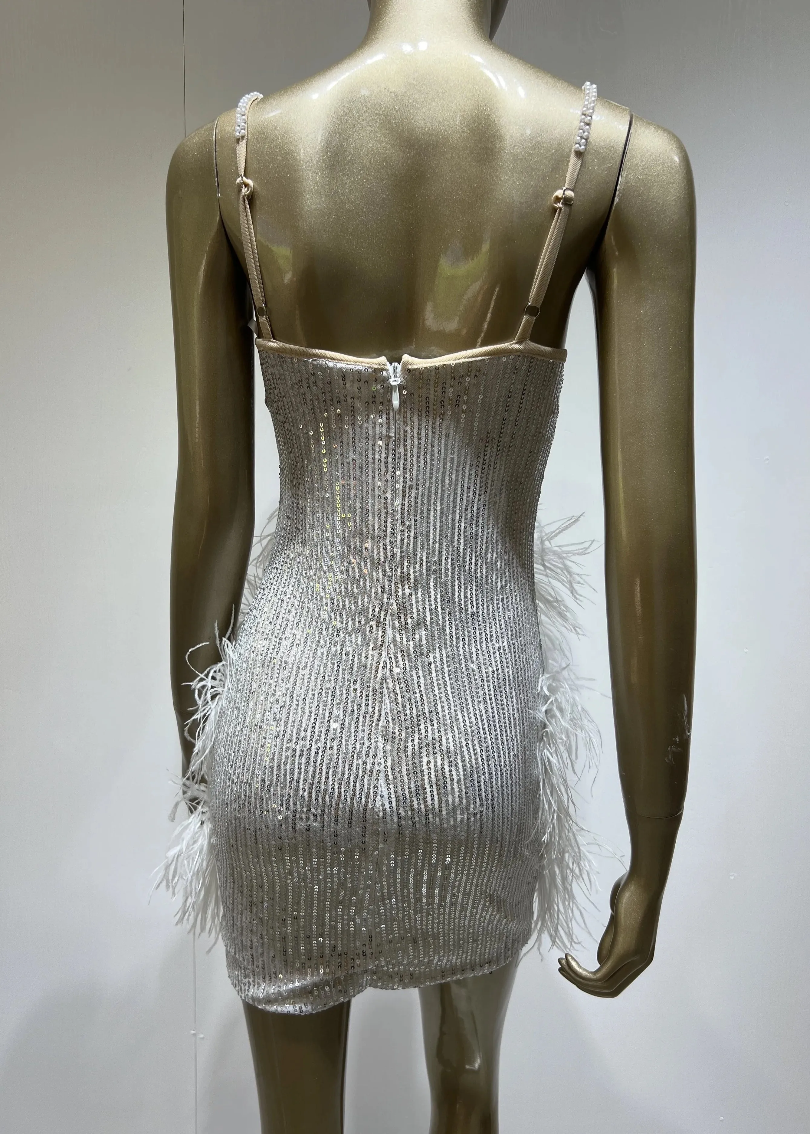 V Neck Pearl Beaded Sequins Feather Bodycon Dress