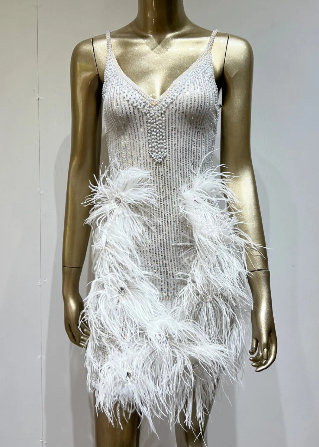 V Neck Pearl Beaded Sequins Feather Bodycon Dress
