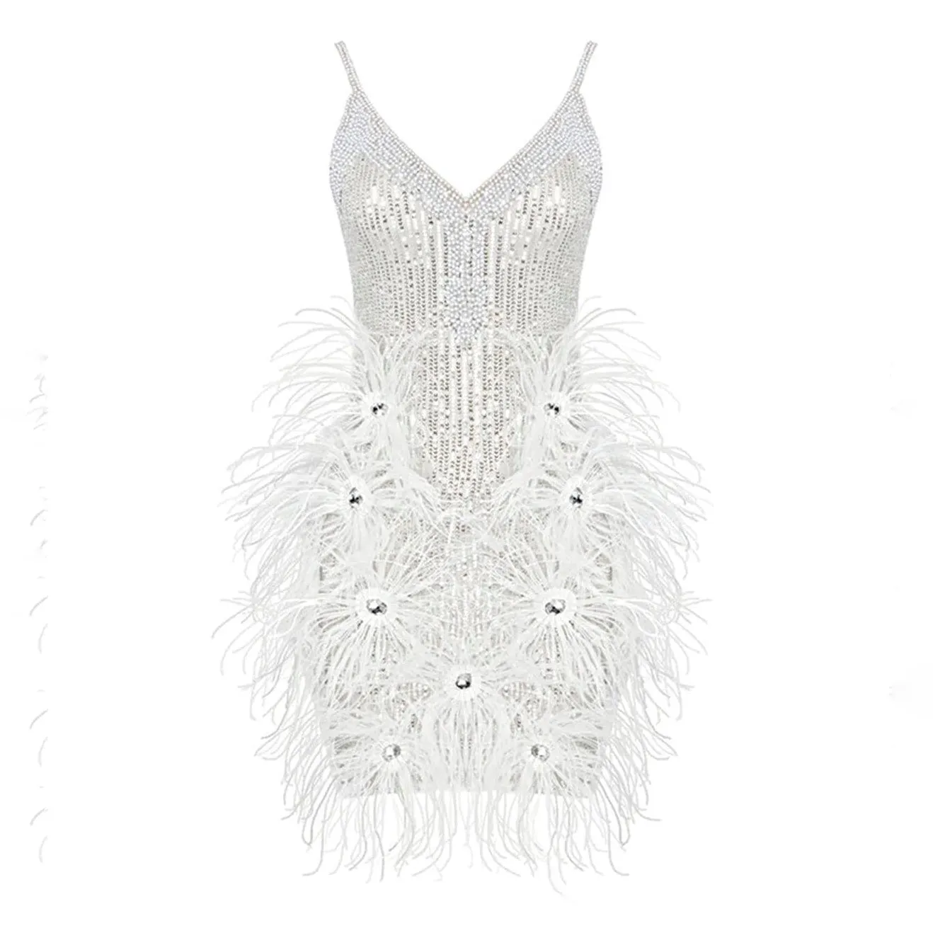 V Neck Pearl Beaded Sequins Feather Bodycon Dress