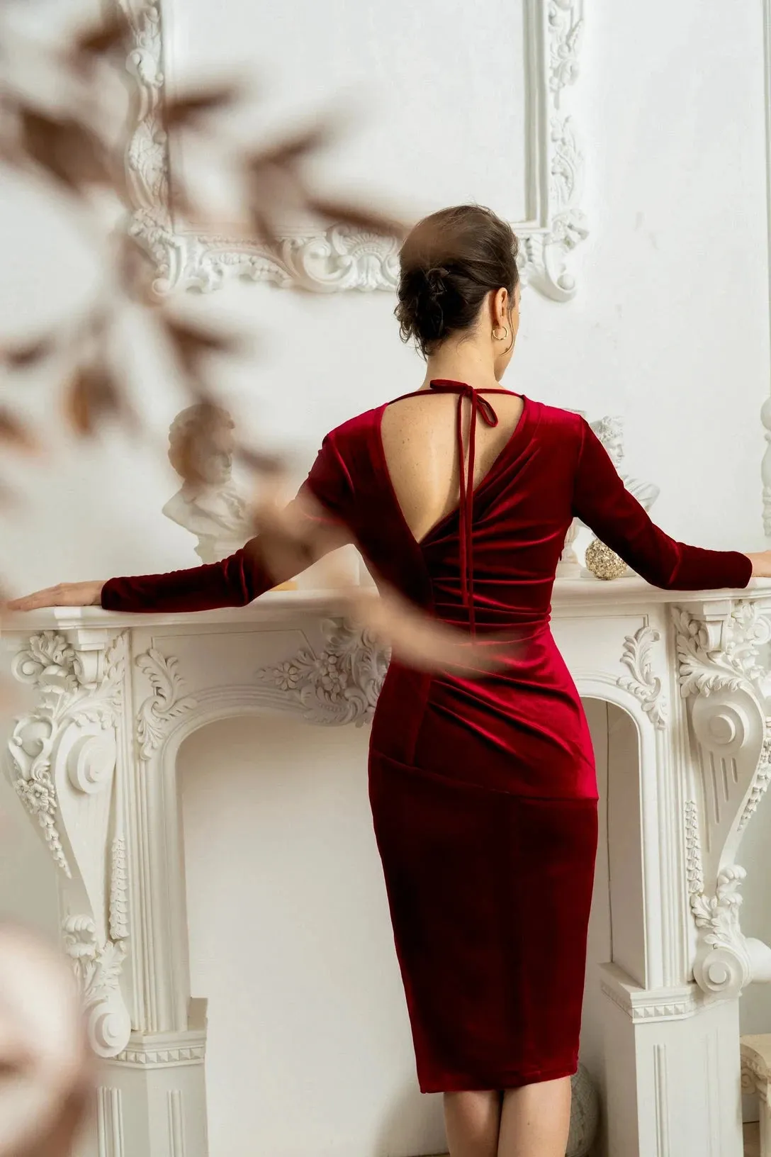 Velvet Split Bodycon Long Sleeve Bridesmaid Dress Wedding Guest Dress Winter Christmas Cocktail Dress