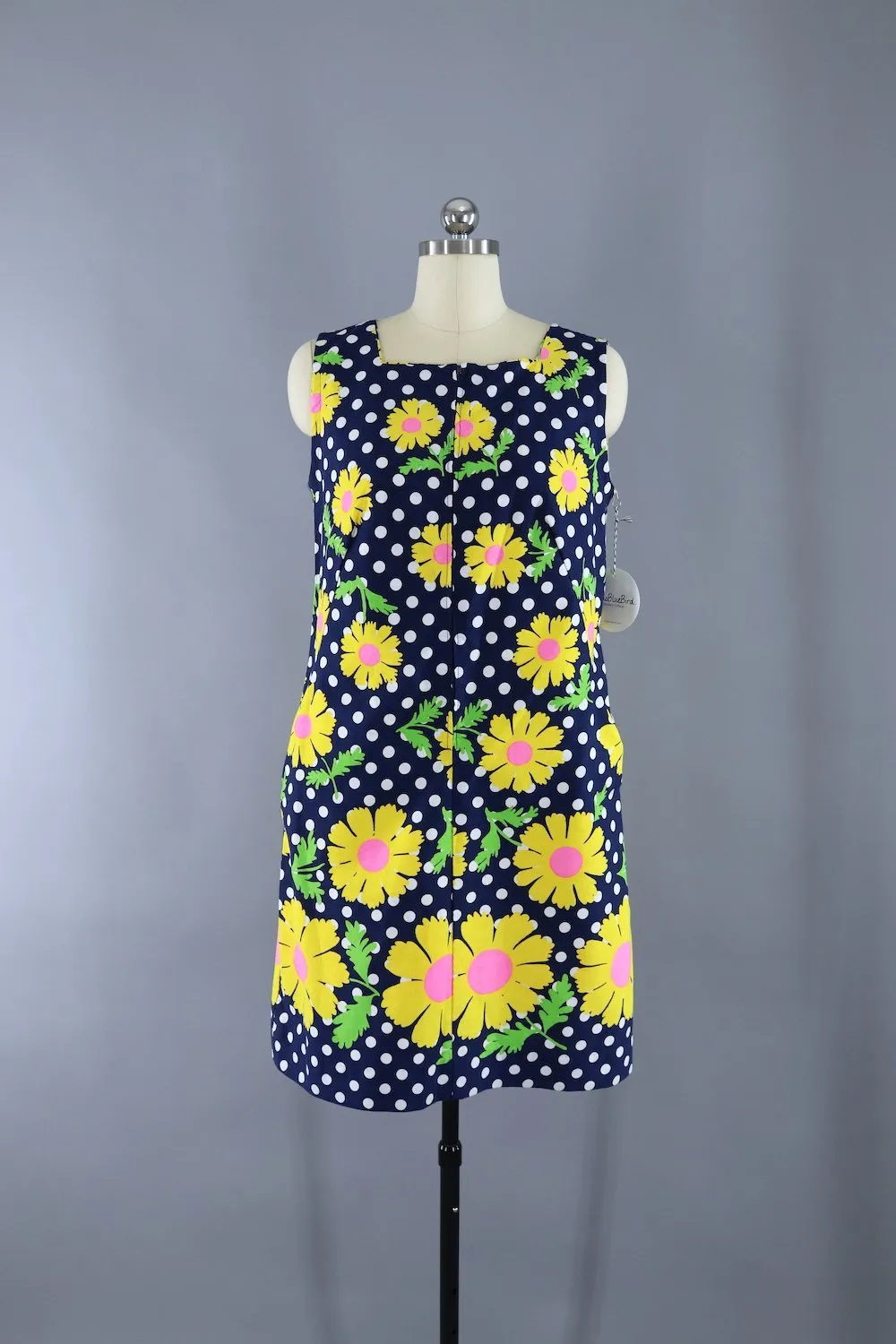 Vintage 1960s Navy Blue Polka Dots Mod Floral Print Shift Dress
