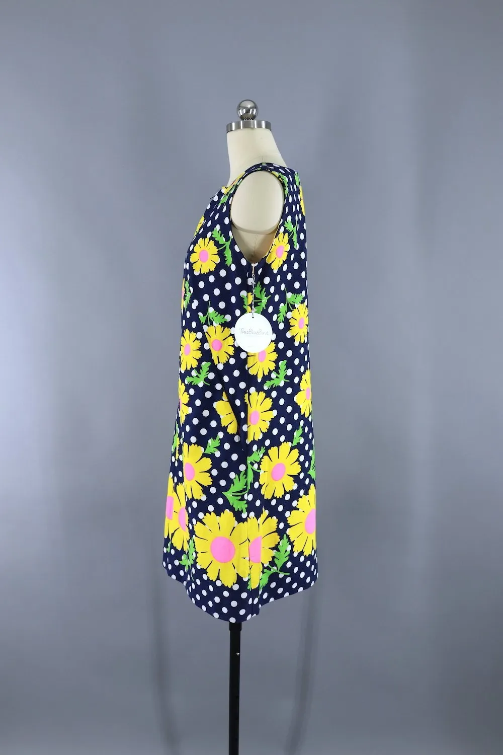 Vintage 1960s Navy Blue Polka Dots Mod Floral Print Shift Dress