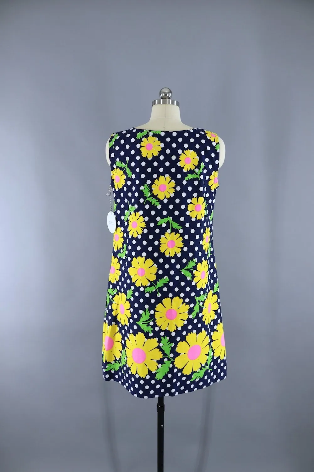 Vintage 1960s Navy Blue Polka Dots Mod Floral Print Shift Dress
