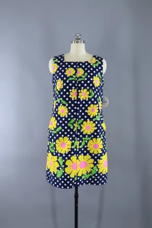 Vintage 1960s Navy Blue Polka Dots Mod Floral Print Shift Dress