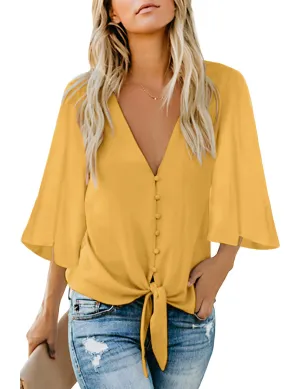 Yellow Women's V Neck Button Down Shirts 3/4 Bell Sleeve Tie Knot Blouse